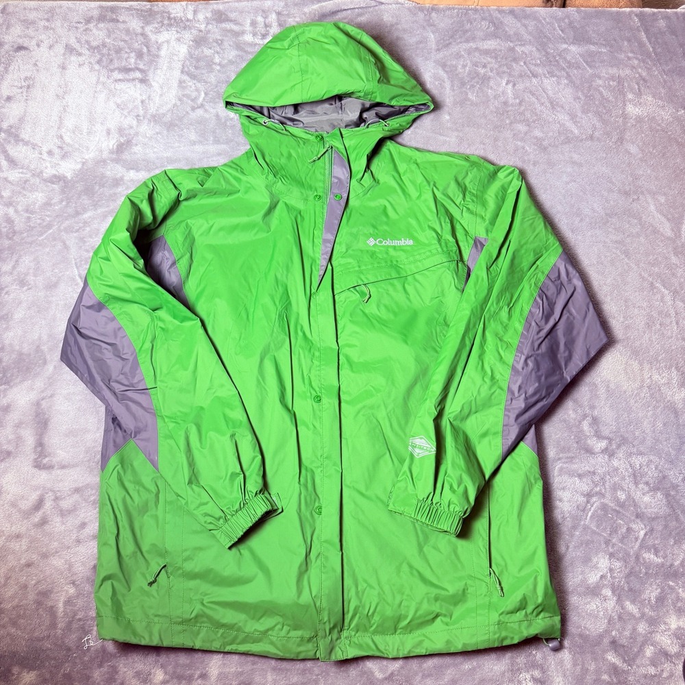 Columbia Omni-Tech Rain Jacket Mens Large Green Grey Waterproof Packable Hooded